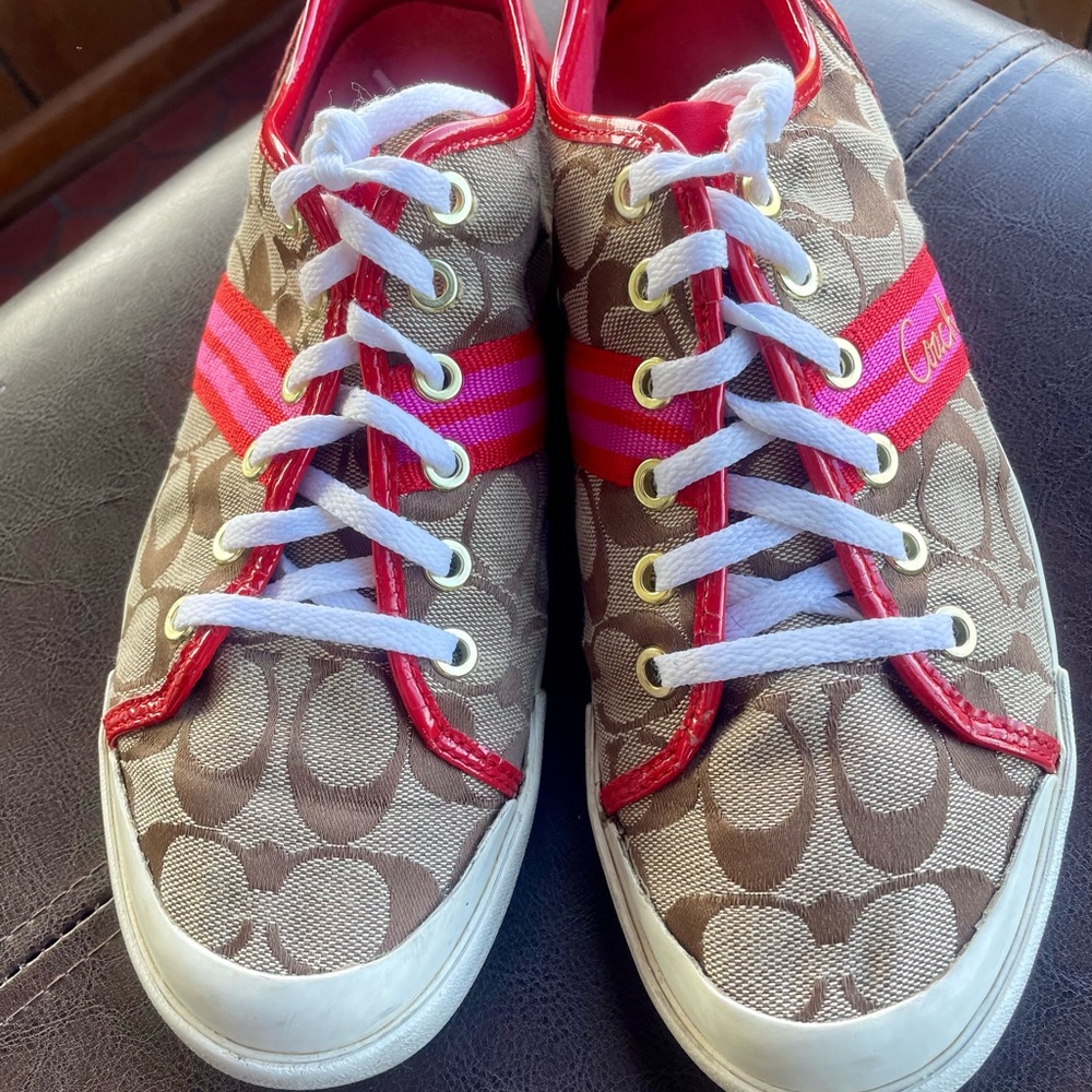 SALE Coach Tan Signature Sneakers with Pink and Red Stripe - Picture 2 of 6